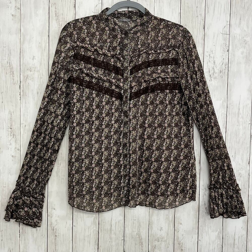 Apt. 9 Brown Pink Floral Lace Trim Ruffle Sheer Flowy Button Down Blouse Cottage